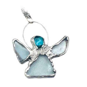 Sea Glass Angel Pendant Bezel Handcrafted with intricate Silver Blend Metalwork